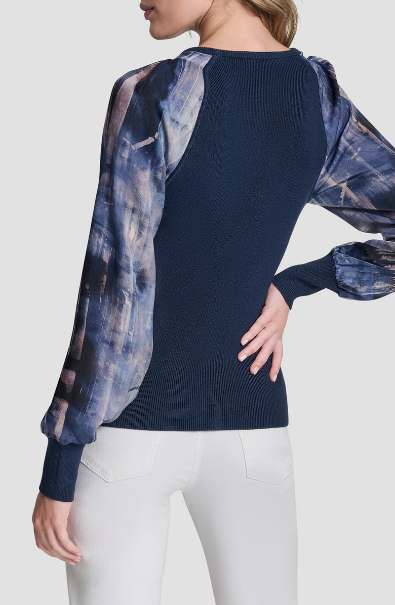 DKNY Printed Sleeve Mixed Media Sweater, Alternate, color, Hudson Blue/Hudson Lights