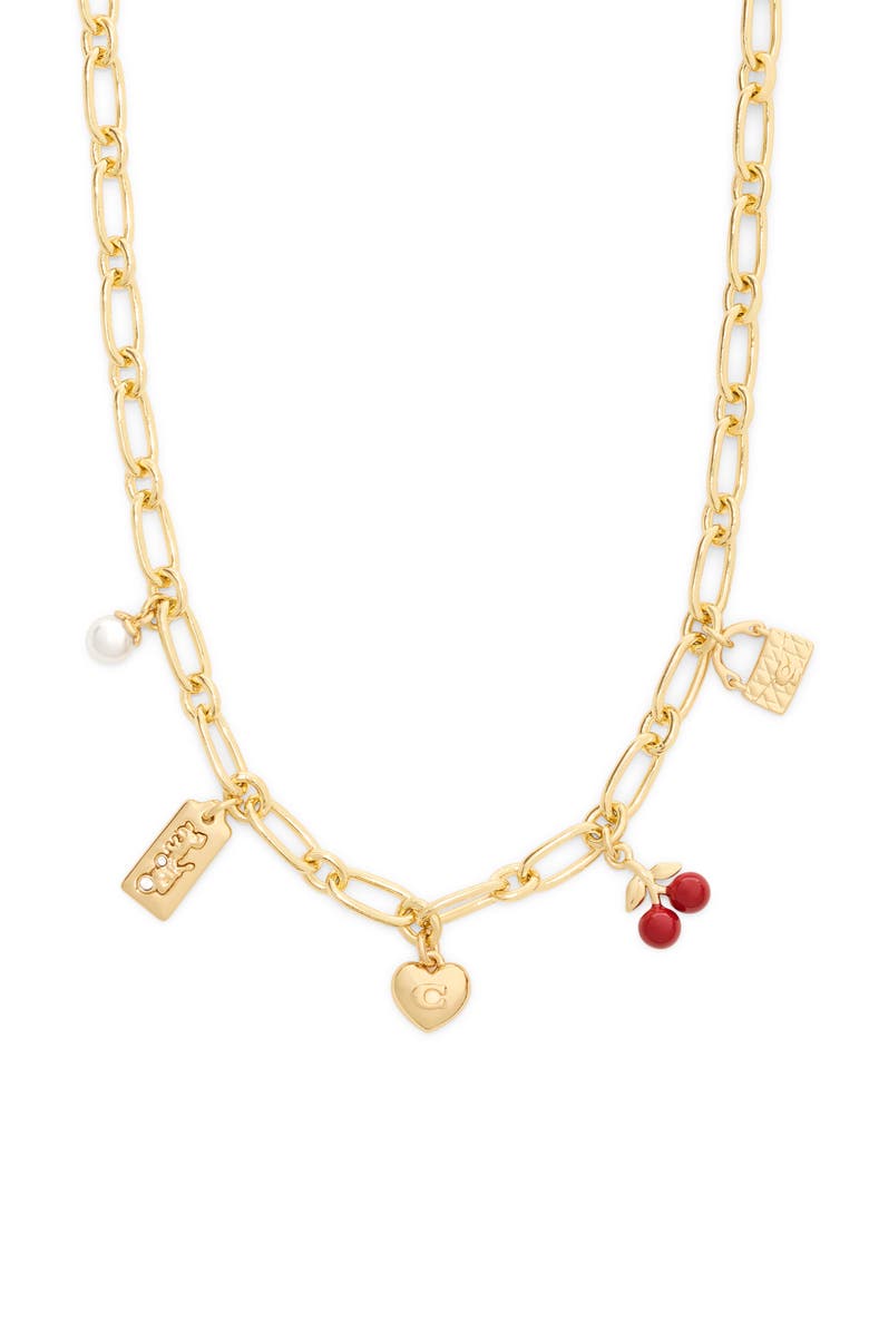 COACH Cherry Mixed Charm Necklace, Main, color, Red/ Gold
