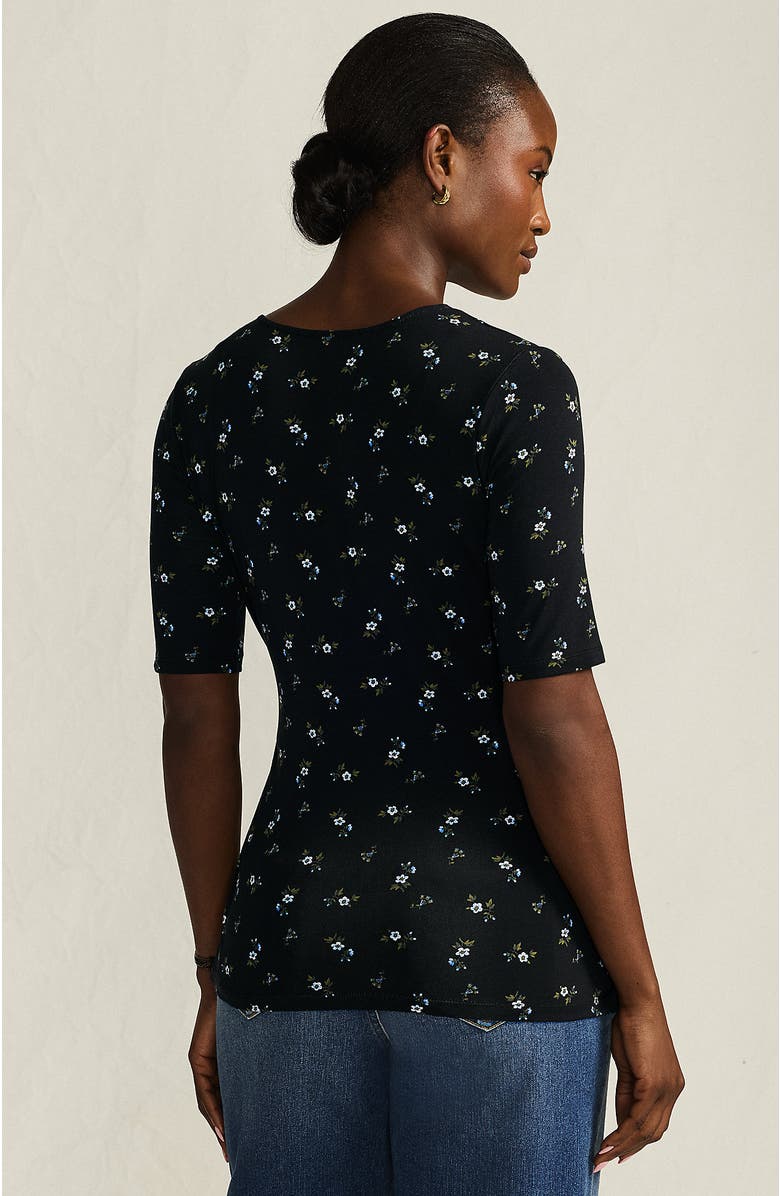 Lands
 End Elbow Sleeve Lightweight Jersey Side Tie Blouse, Alternate, color, Black/Cobalt Tiny Floral