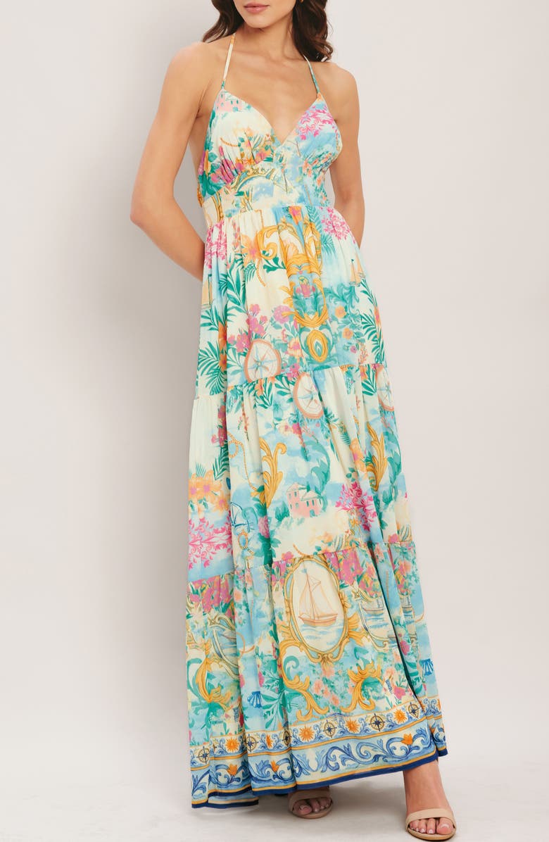 FLYING TOMATO Print Halter Maxi Dress, Alternate, color, Ivory Multi