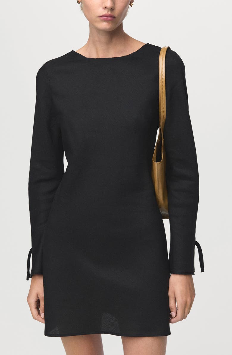 MANGO Open Back Long Sleeve Linen Blend Minidress, Alternate, color, Black