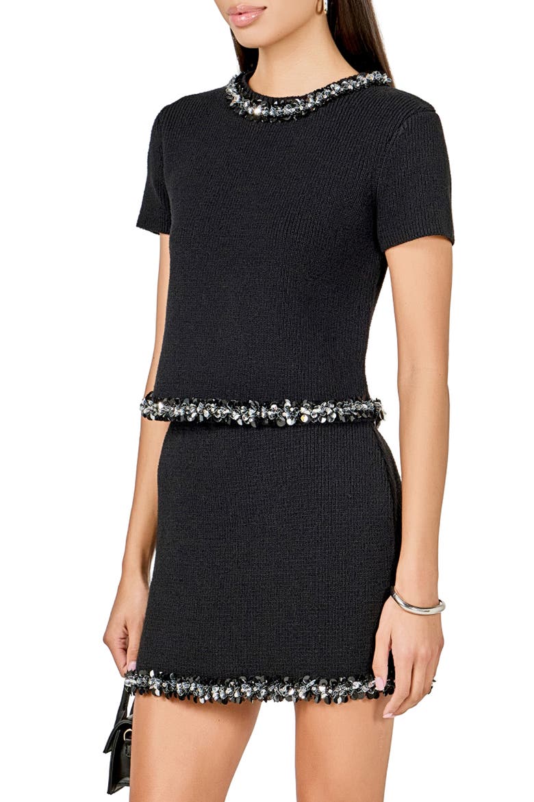 Jewel Trim Short Sleeve Sweater, Alternate, color, BLACK