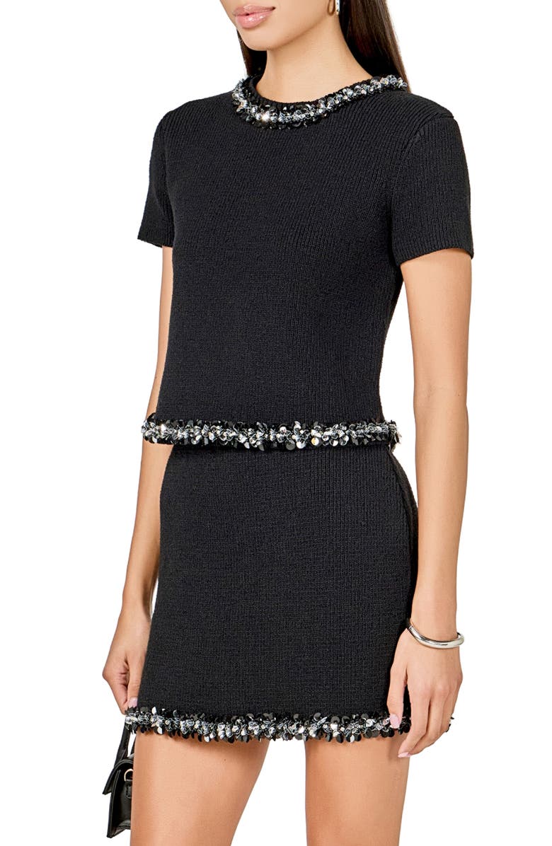 Endless Rose Jewel Trim Short Sleeve Sweater, Alternate, color, Black