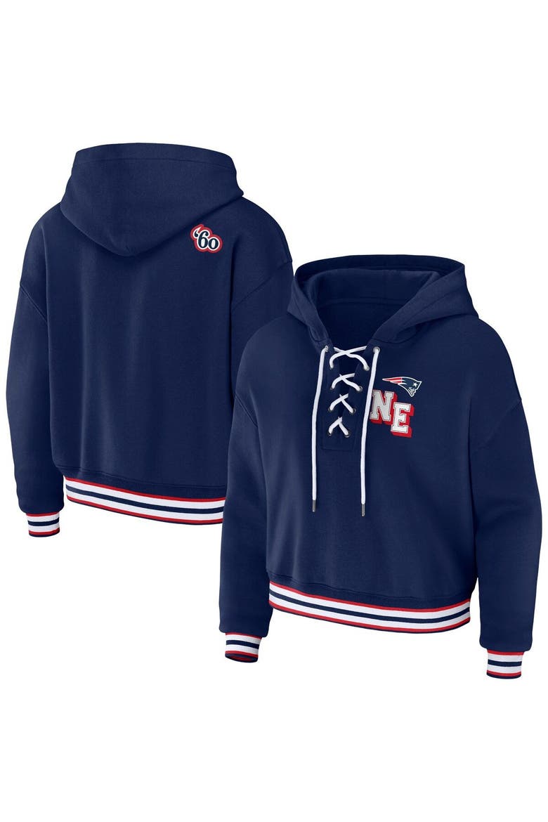 Women's WEAR by Erin Andrews Navy New England Patriots Lace-Up Pullover Hoodie, Main, color, Navy