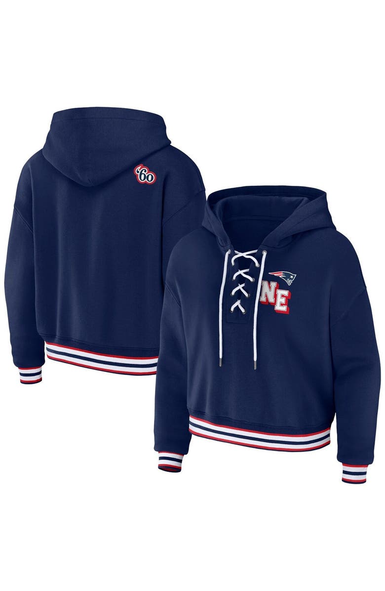 WEAR by Erin Andrews Women's WEAR by Erin Andrews Navy New England Patriots Lace-Up Pullover Hoodie, Main, color, Navy