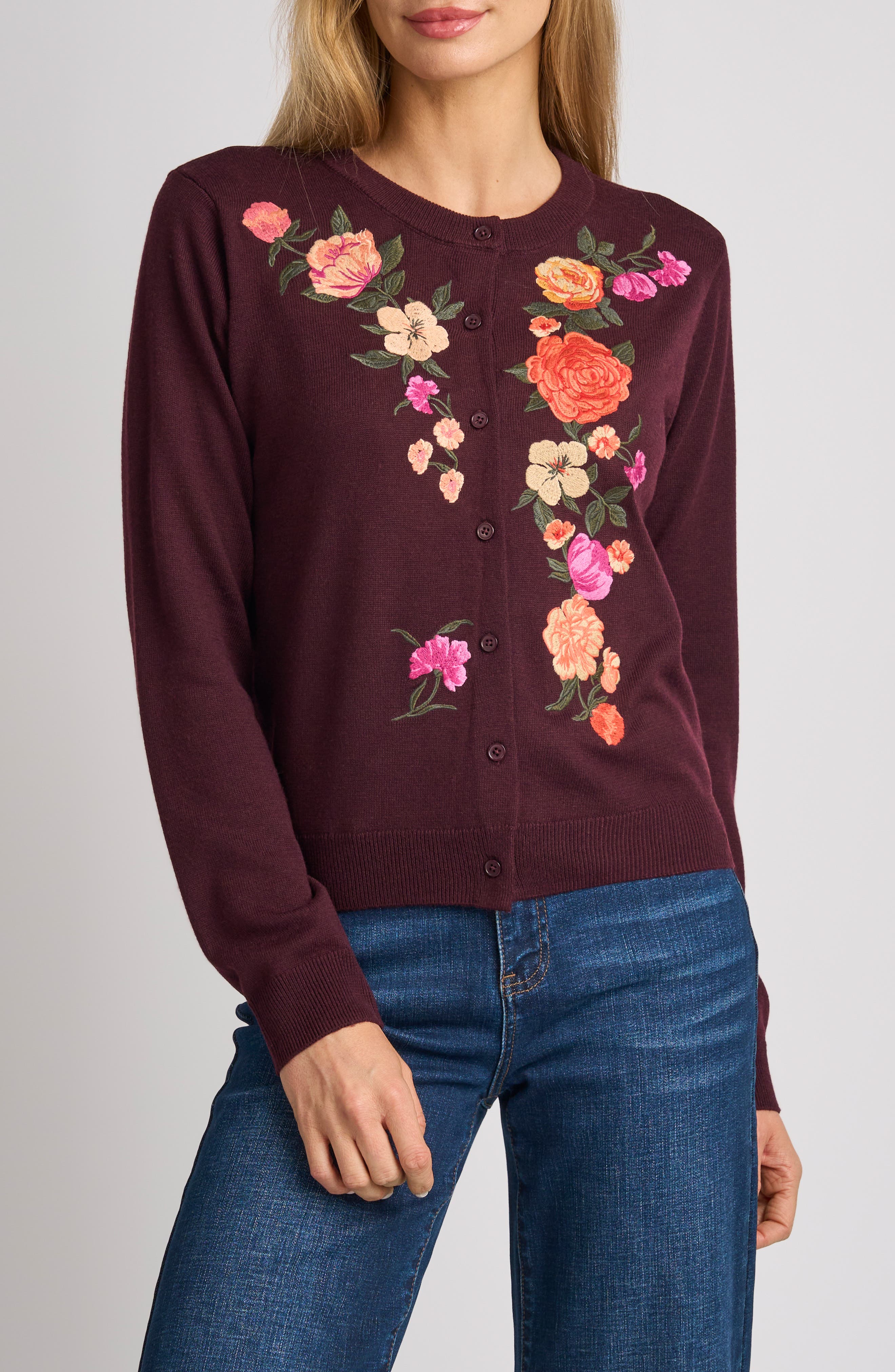 Ted Baker Elain Flowers Embroidered Cardigan In Burgundy Grape