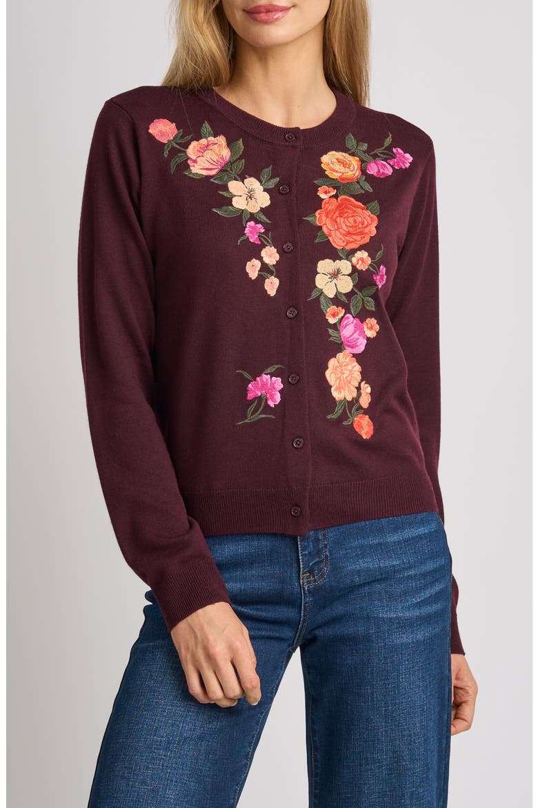 Elain Flowers Embroidered Cardigan, Main, color, BURGUNDY GRAPE