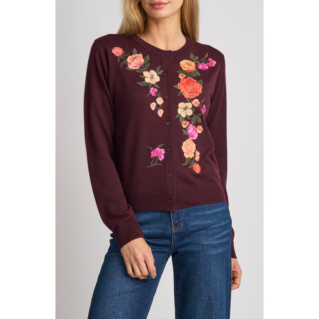 Ted Baker Elain Flowers Embroidered Cardigan In Burgundy Grape
