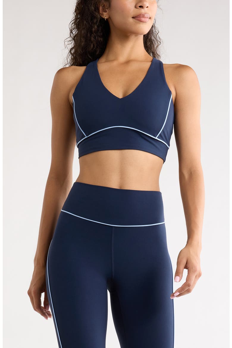 Studio Luxe Piped Sports Bra, Main, color, NAVY SAPPHIRE