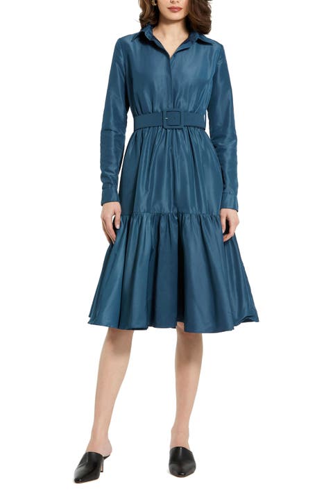 Faille Long Sleeve Collared Belted Midi Dress
