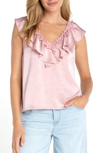 Liverpool Los Angeles Ruffle Sleeveless Mixed Media Top