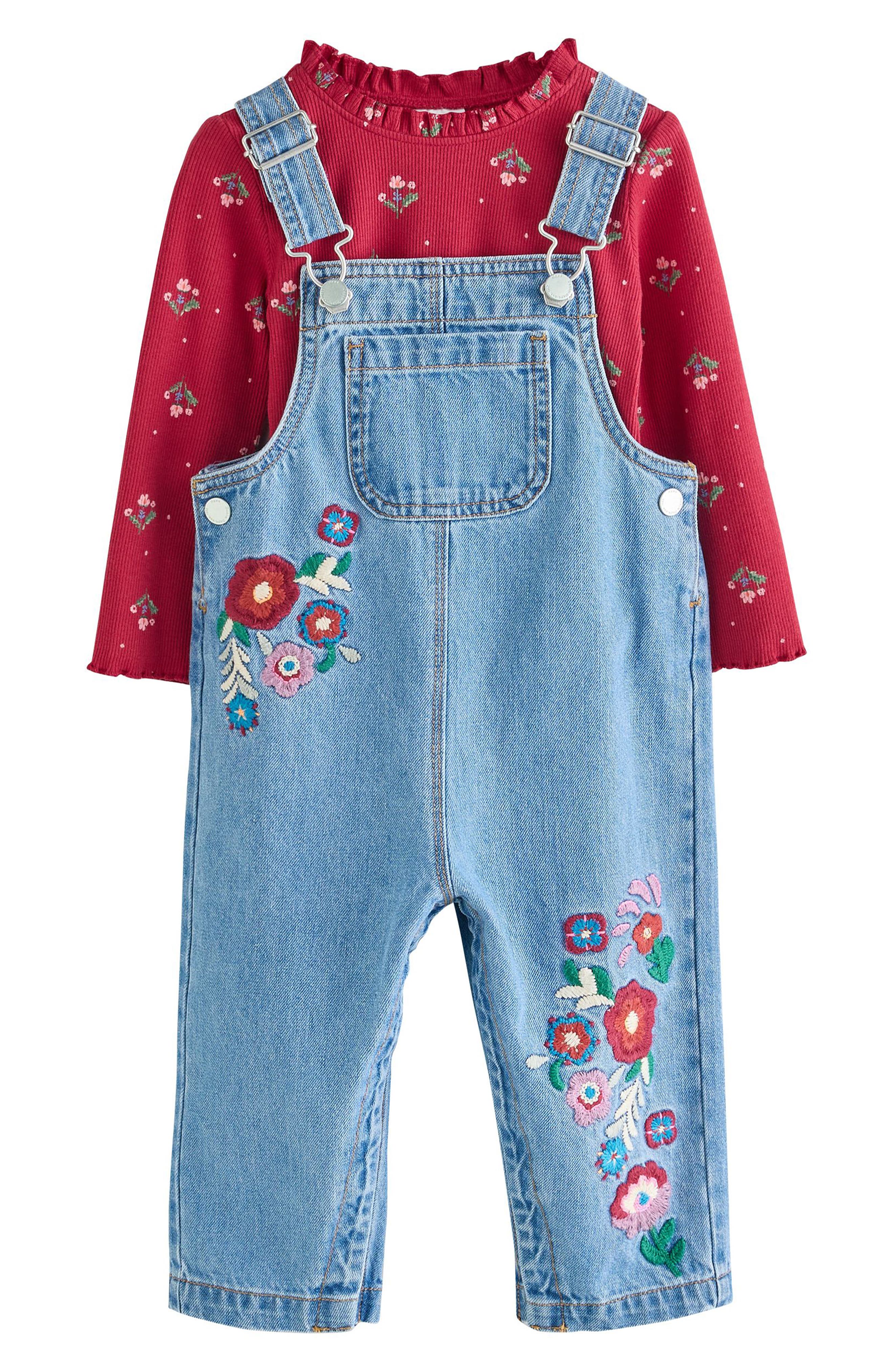 NEXT Kids' Long Sleeve Top & Embroidered Denim Overalls Set