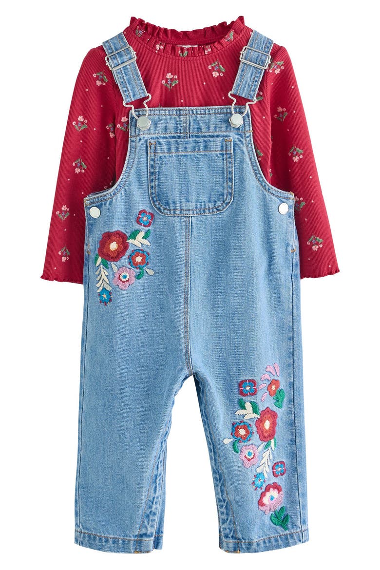 Kids' Long Sleeve Top & Embroidered Denim Overalls Set, Main, color, BLUE