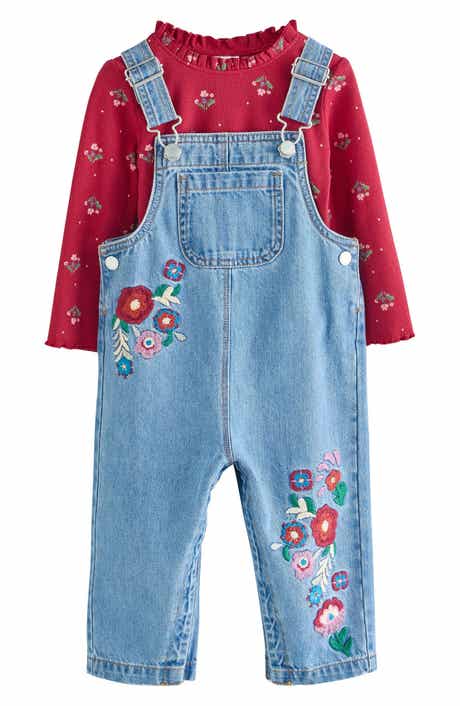 NEXT Kids' Long Sleeve Top & Embroidered Denim Overalls Set