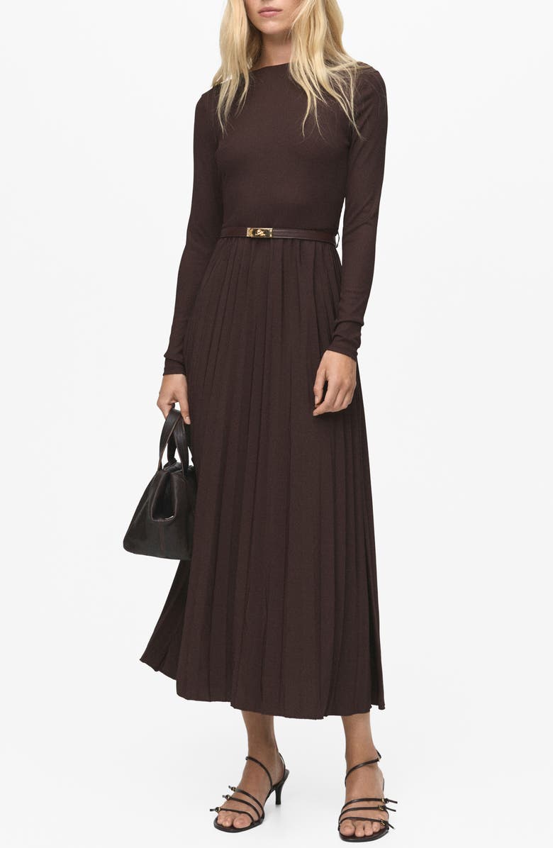 MANGO Pleated Belted Maxi Dress, Main, color, Chocolate