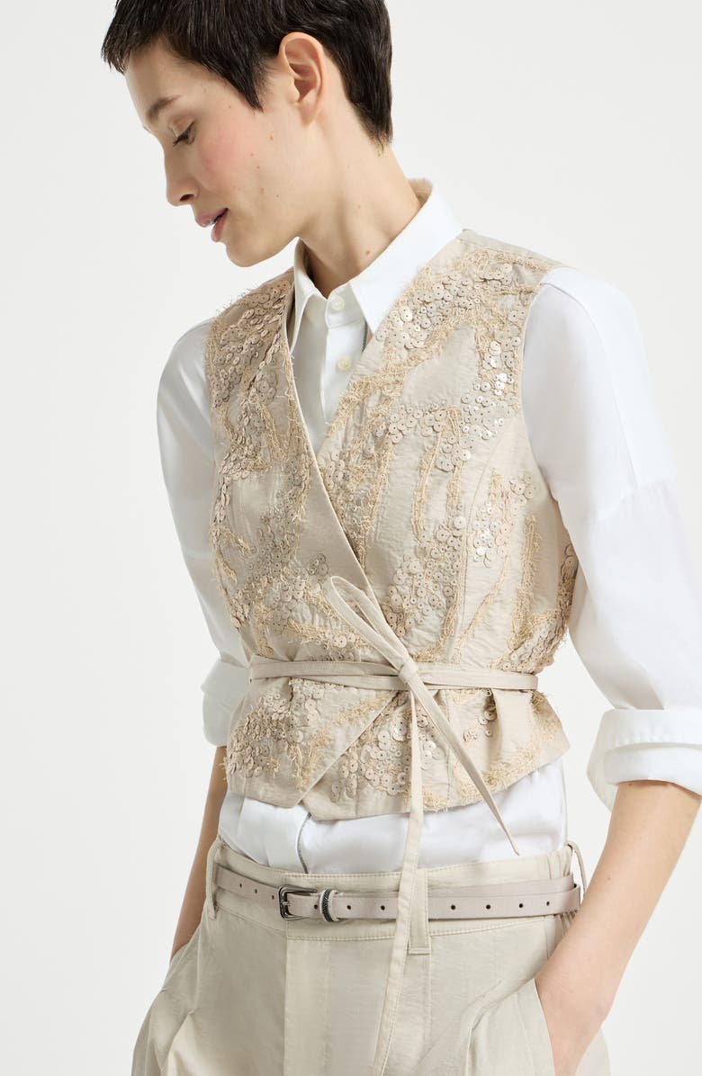 Brunello Cucinelli Vest with dazzling seabed embroidery, Alternate, color, Beige