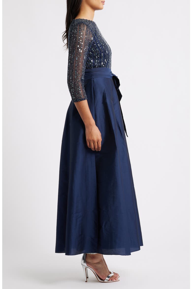Bow Long Sleeve Sequin & Taffeta Gown, Alternate, color, NAVY