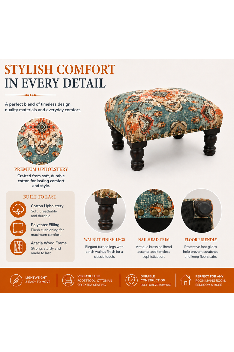 Printed Upholstered Foot Stool with Acacia Wood Frame, Alternate, color, Brown