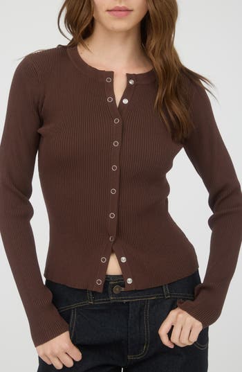 Blu Pepper Snap Button Front Rib Long Sleeve Top In Brown