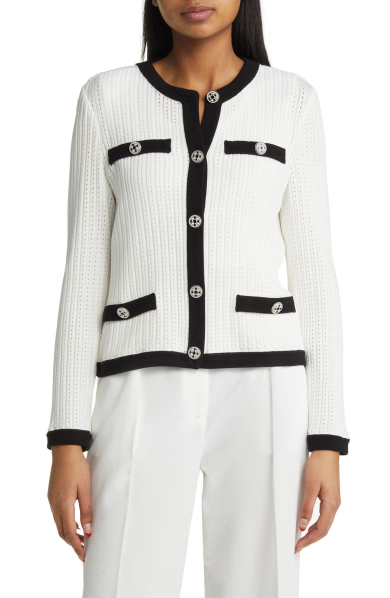 Misook Contrast Detail Cable Cardigan, Main, color,