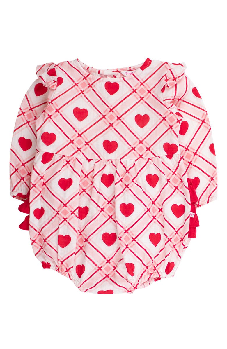 RuffleButts Cotton Gauze Long Sleeve Flutter Bubble Romper, Main, color, Pink Sweetheart Plaid