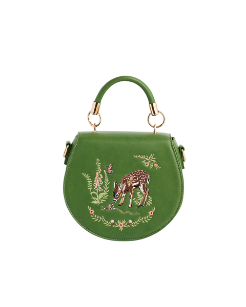 Fawn & Snail Embroidered Top Handle Saddle Purse