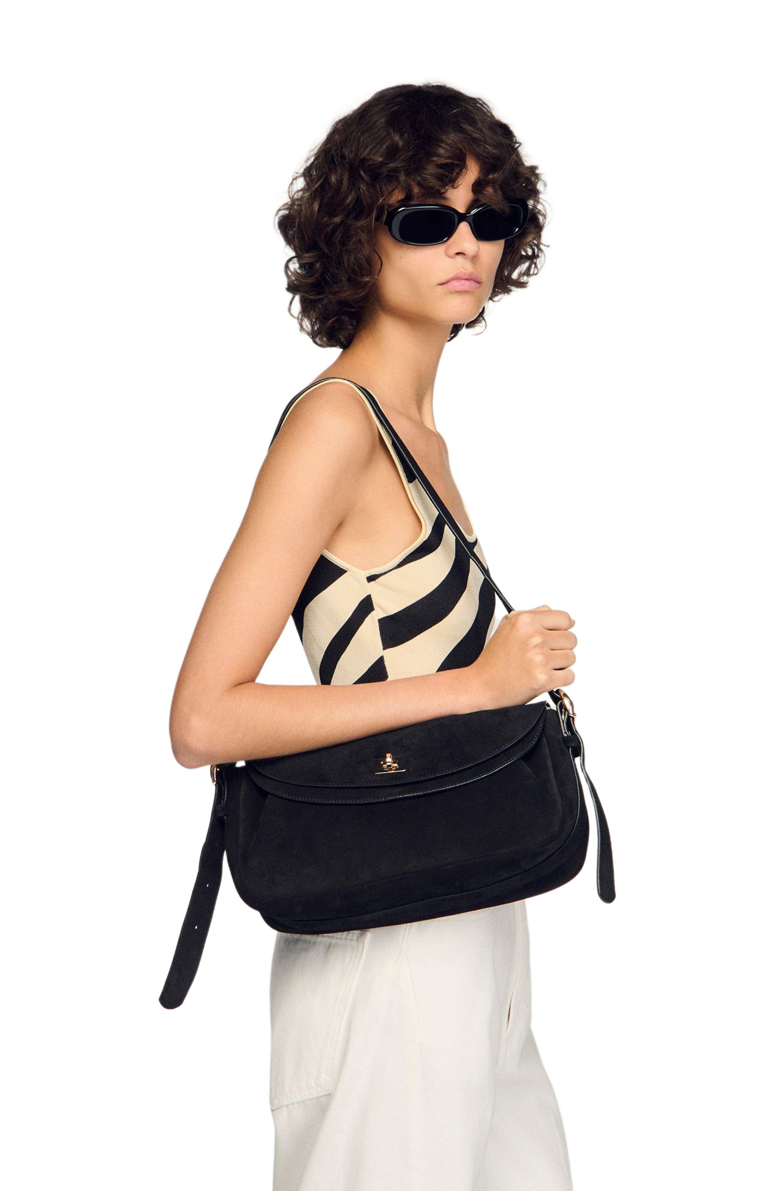 SANDRO LE MAMBO suede bag, Alternate, color, Black