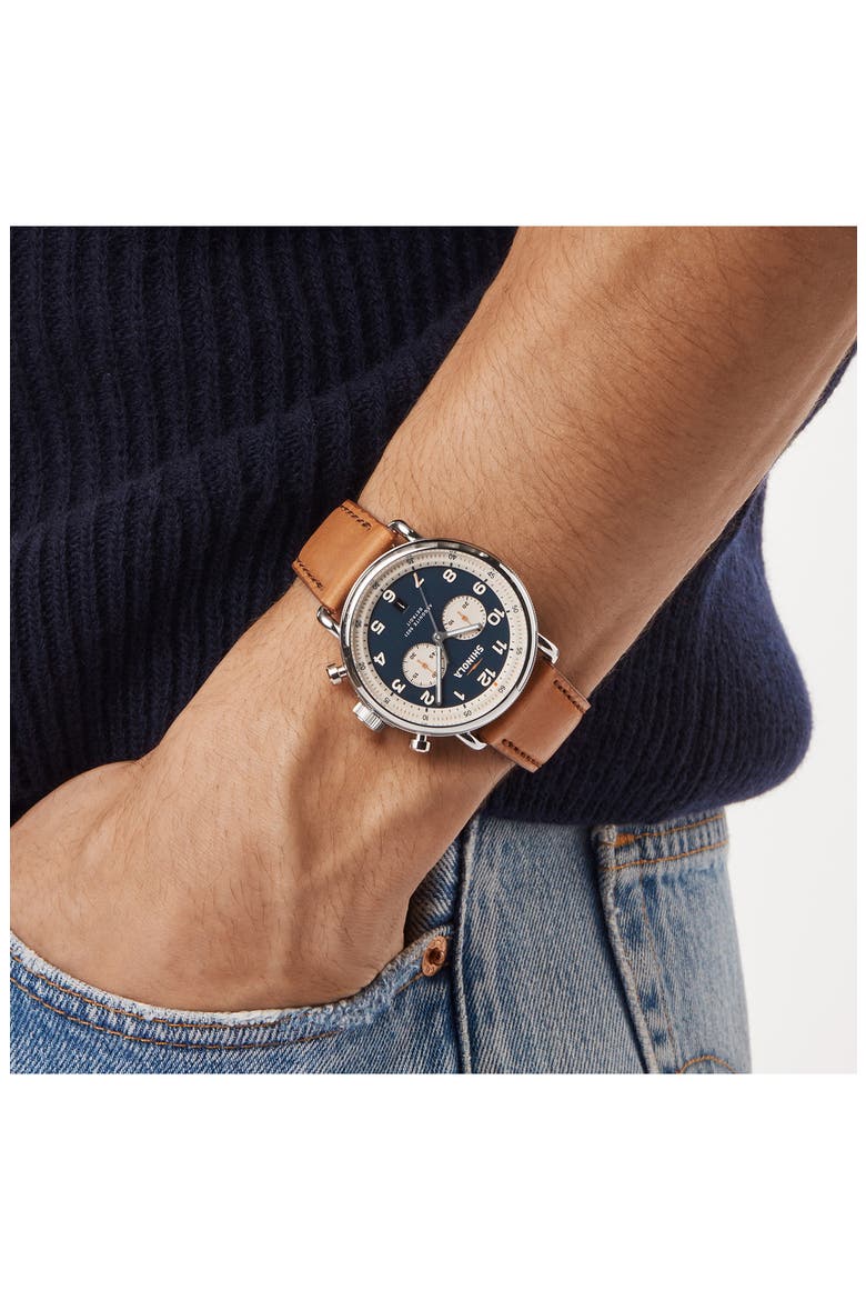 Canfield Model C56 Chronograph Leather Strap Watch, 43mm, Alternate, color, BLUE