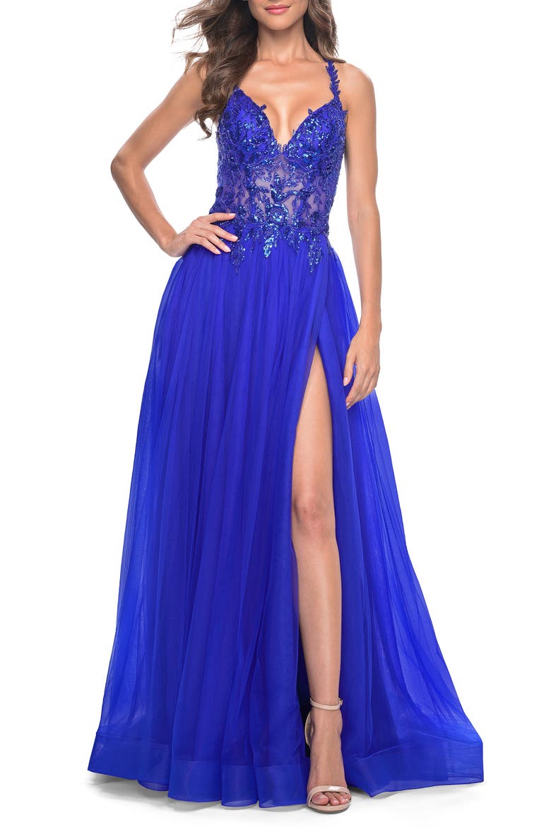 Tulle A-Line Gown with Sheer and Beaded Lace Detail, Alternate, color, Royal Blue