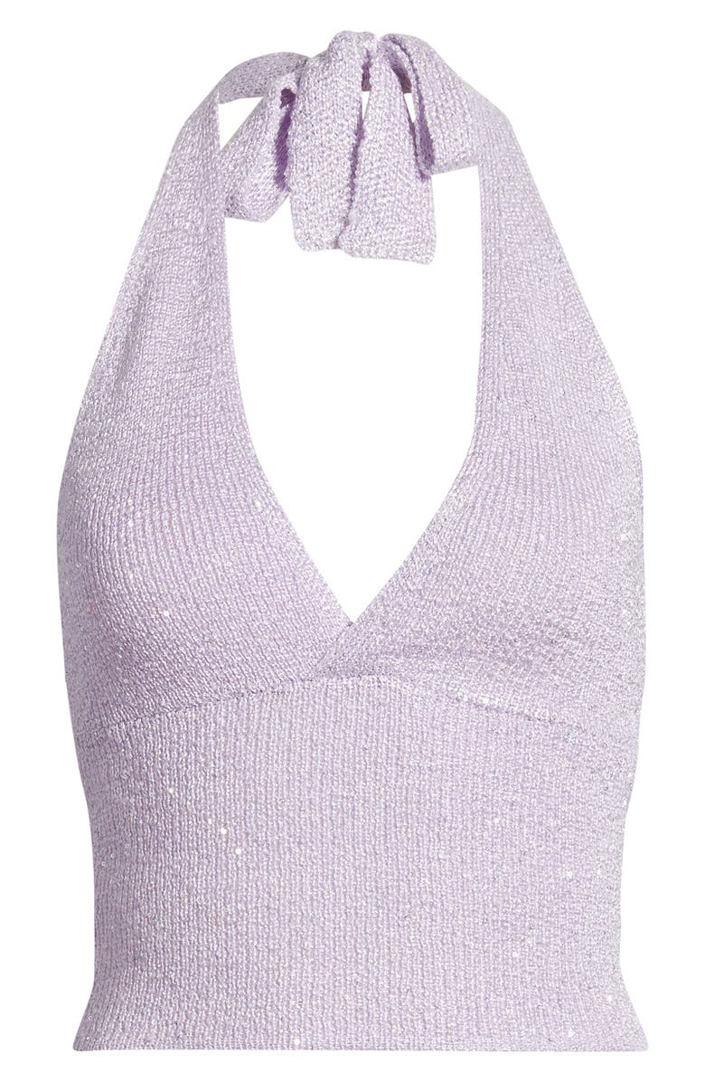 Kulani Kinis Retro Sequin Knit Tie Halter Neck Crop Top, Alternate, color, Lilac Glimmer