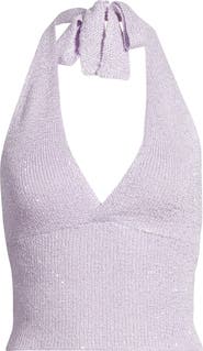 Kulani Kinis Retro Sequin Knit Tie Halter Neck Crop Top