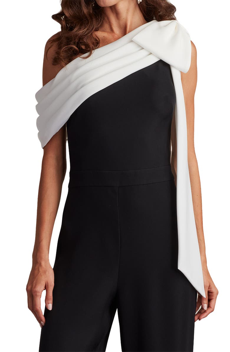 Tadashi Shoji Bow One-Shoulder Crepe Jumpsuit, Alternate, color, Black/ White