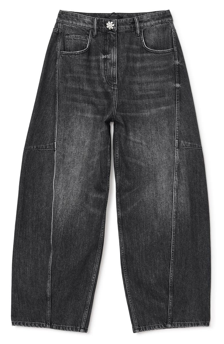 AllSaints Carter Rhinestone Button Barrel Leg Jeans, Alternate, color, Washed Black