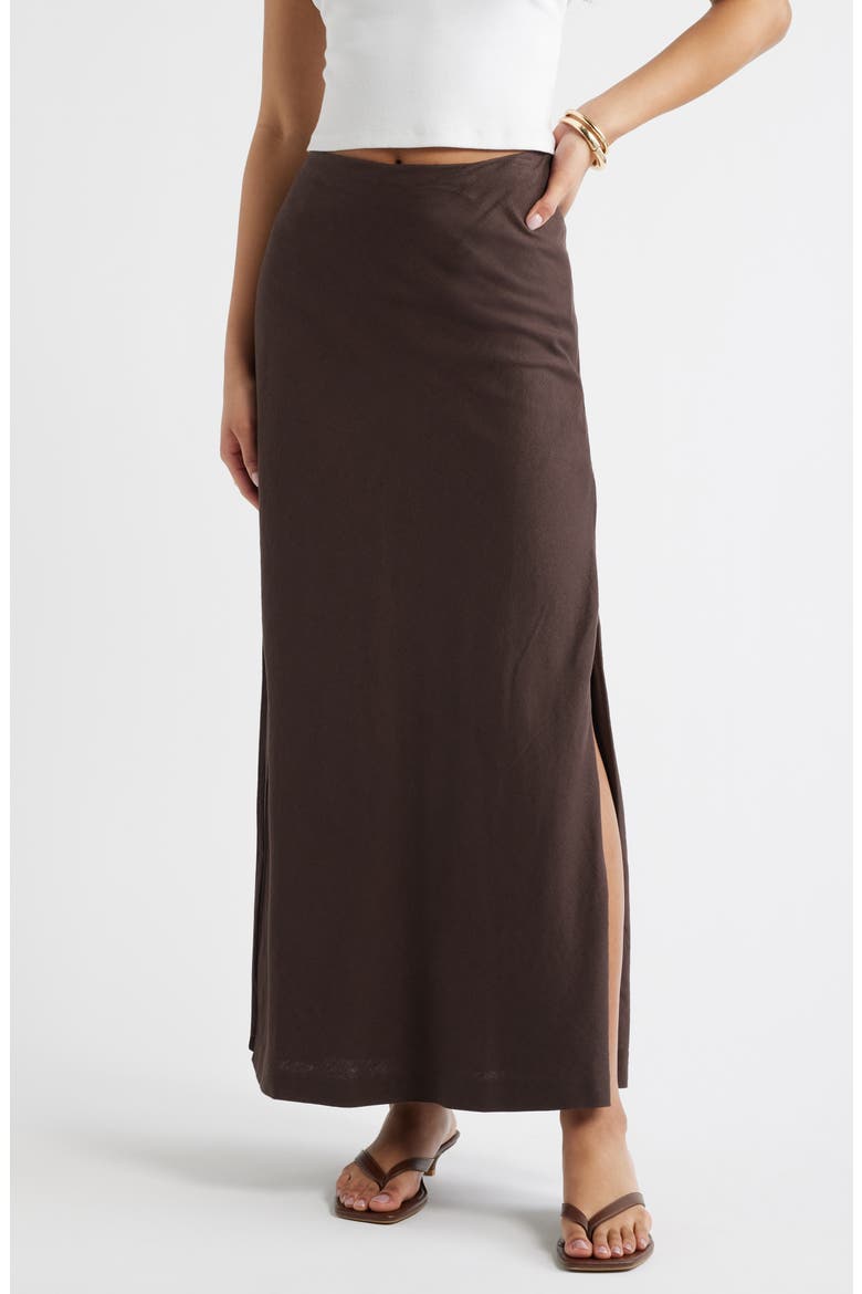 Linen Blend Column Maxi Skirt, Main, color, BROWN SEAL