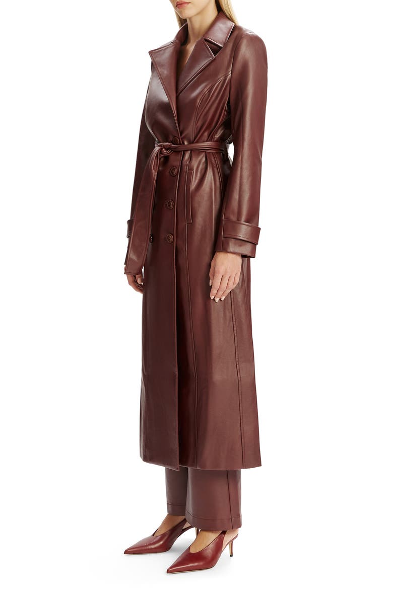 Double Breasted Faux Leather Longline Coat, Alternate, color, BURGUNDY