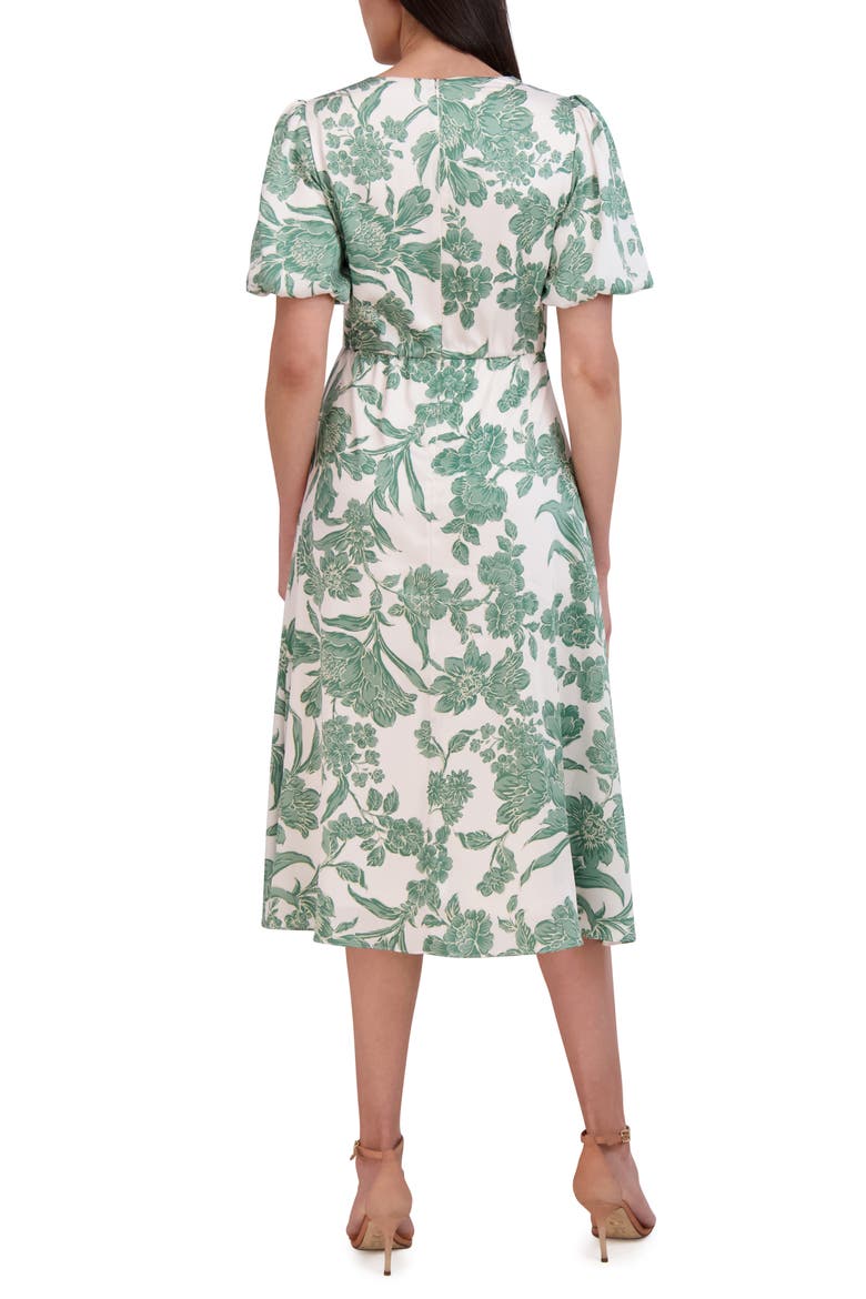Floral Puff Sleeve Tie Waist Midi Dress, Alternate, color, GREEN-IVORY