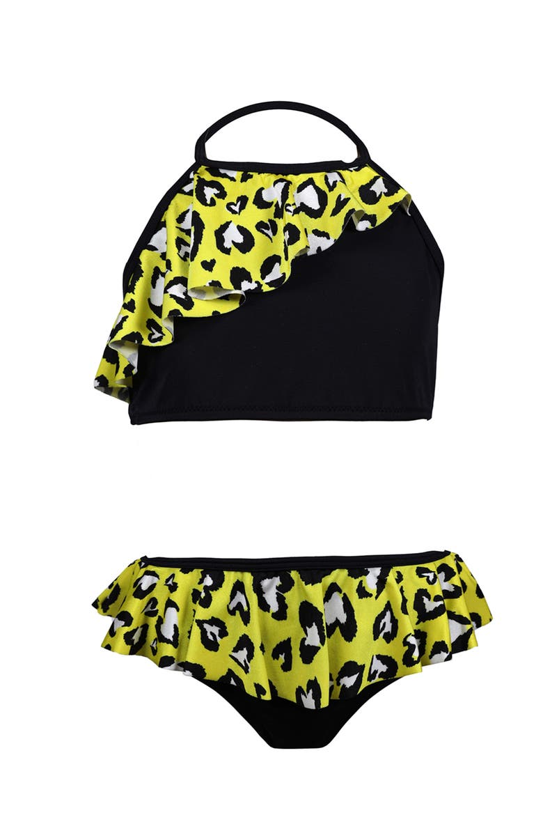 Kids' Playful Heart Print Ruffled Two Piece Bikini, Main, color, Black-Yellow