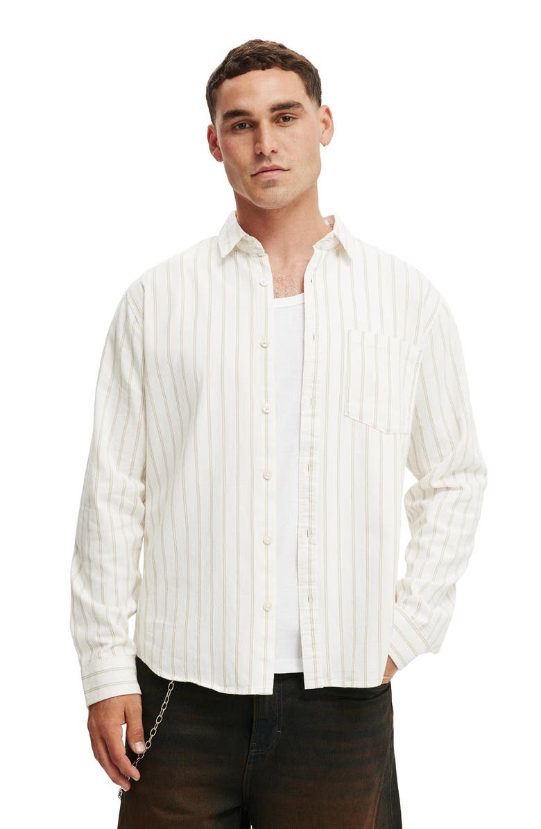 Cotton On Men's Luca Long Sleeve Shirt, Main, color, Off White Stripe