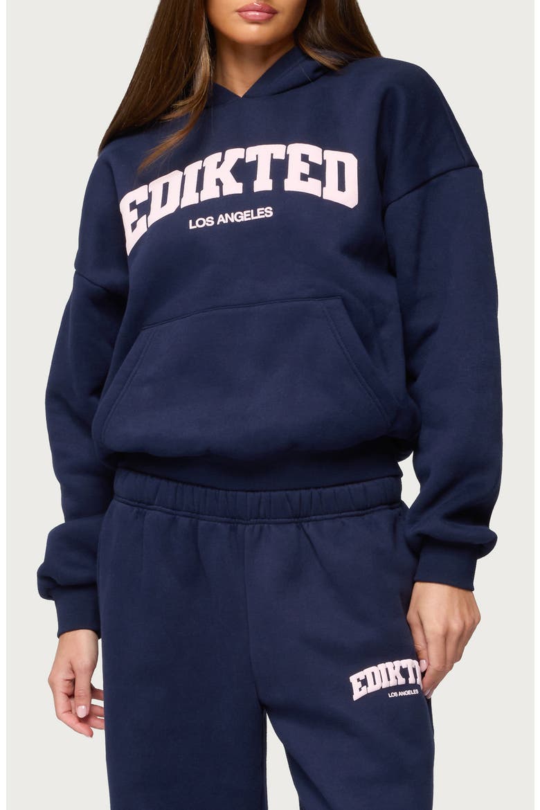 LA Logo Oversize Fleece Graphic Hoodie, Main, color, NAVY