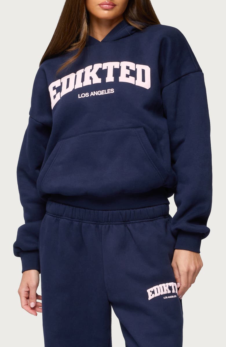 EDIKTED LA Logo Oversize Fleece Graphic Hoodie, Main, color, Navy