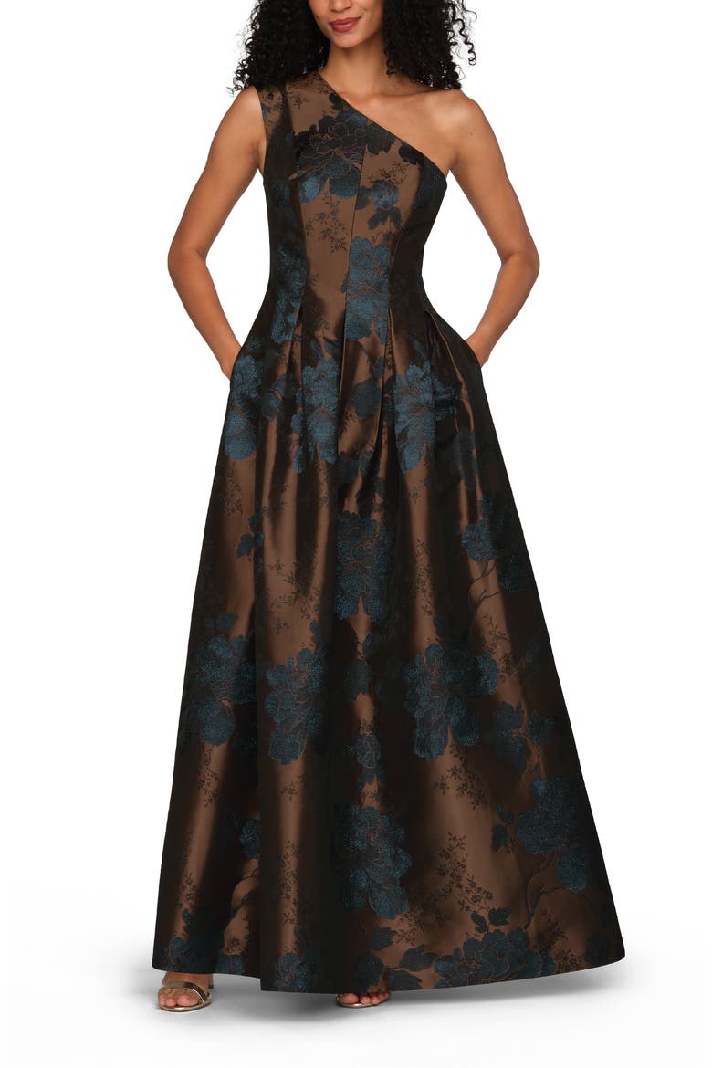 Brynlee Metallic Floral Jacquard One-Shoulder Gown, Alternate, color, GOLD/ DARK TWILIGHT