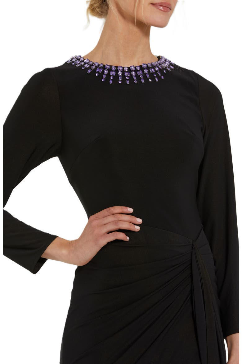 Long Sleeve Jersey Ruched Gown With Beaded Neck, Alternate, color, Black