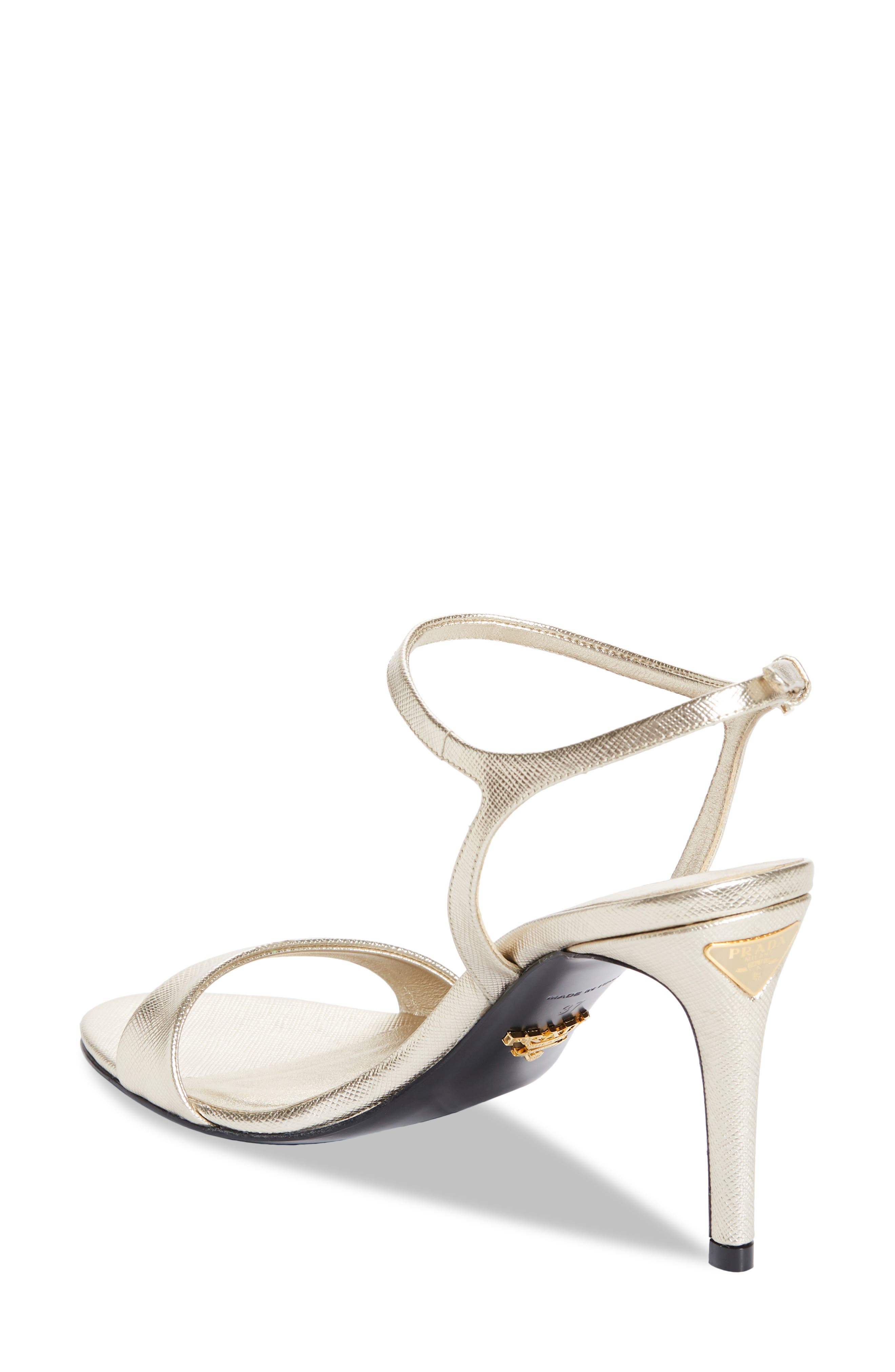 Prada Saffiano Metallic Leather Ankle Strap Sandal, Alternate, color, Pirite