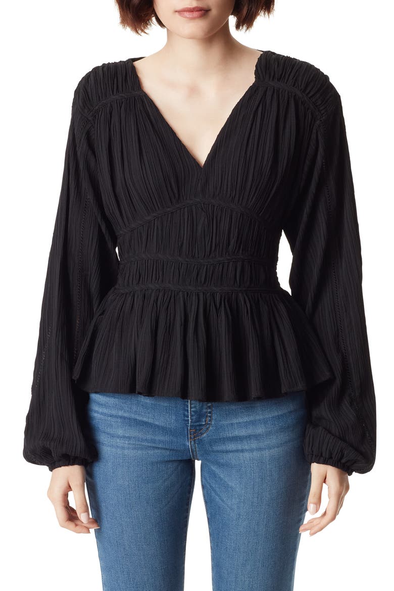 Evie Long Sleeve Plissé Peplum Top, Main, color, BLACK