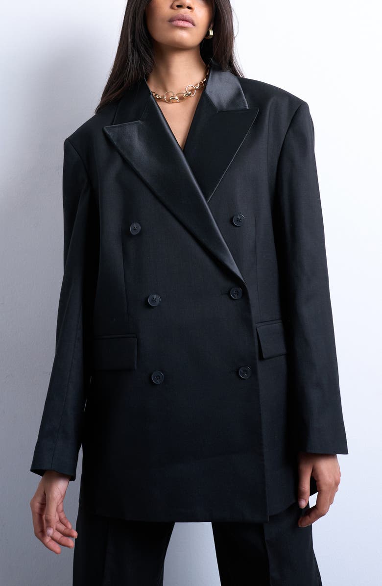 Topshop Double Breasted Tuxedo Blazer, Alternate, color, Black