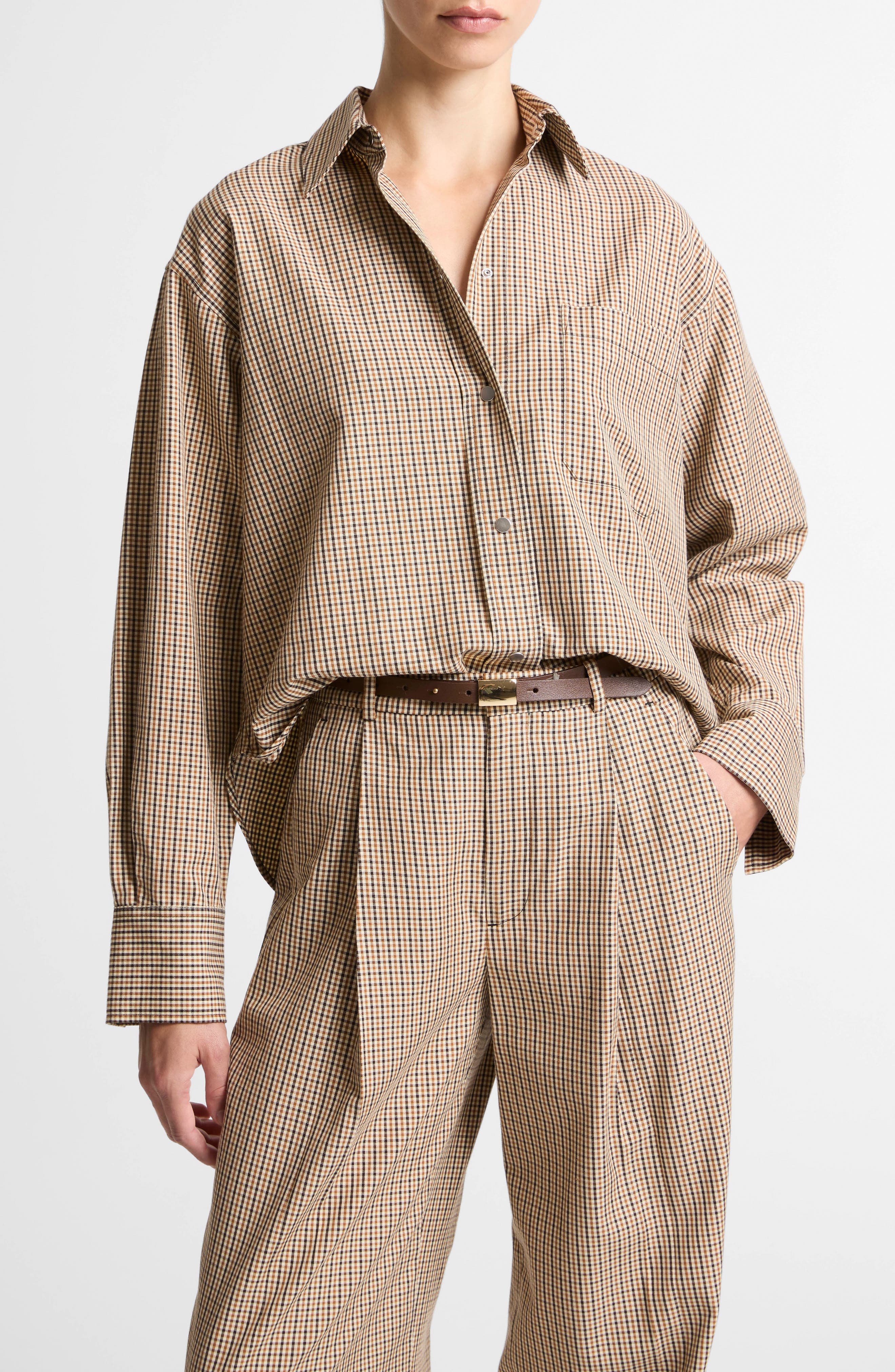 Plaid Oversize Crop Cotton Blend Snap-Up Shirt