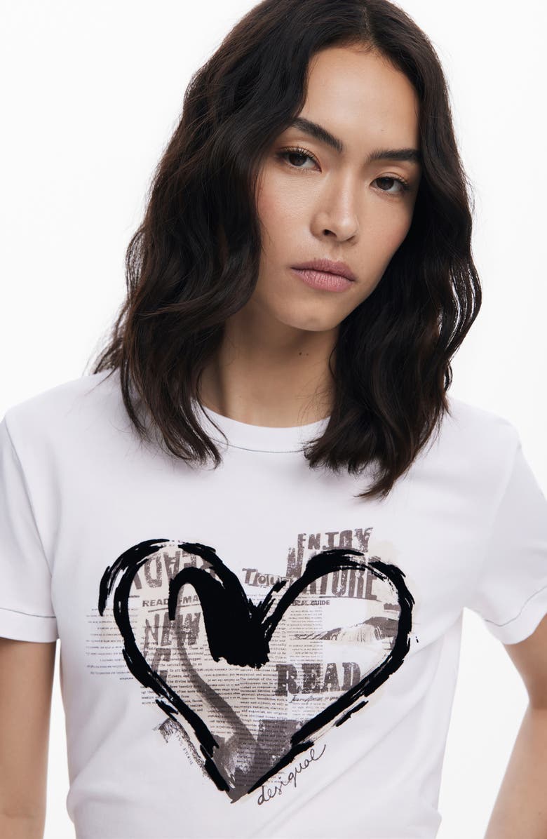 Desigual Heart Cotton Graphic T-Shirt, Alternate, color, White