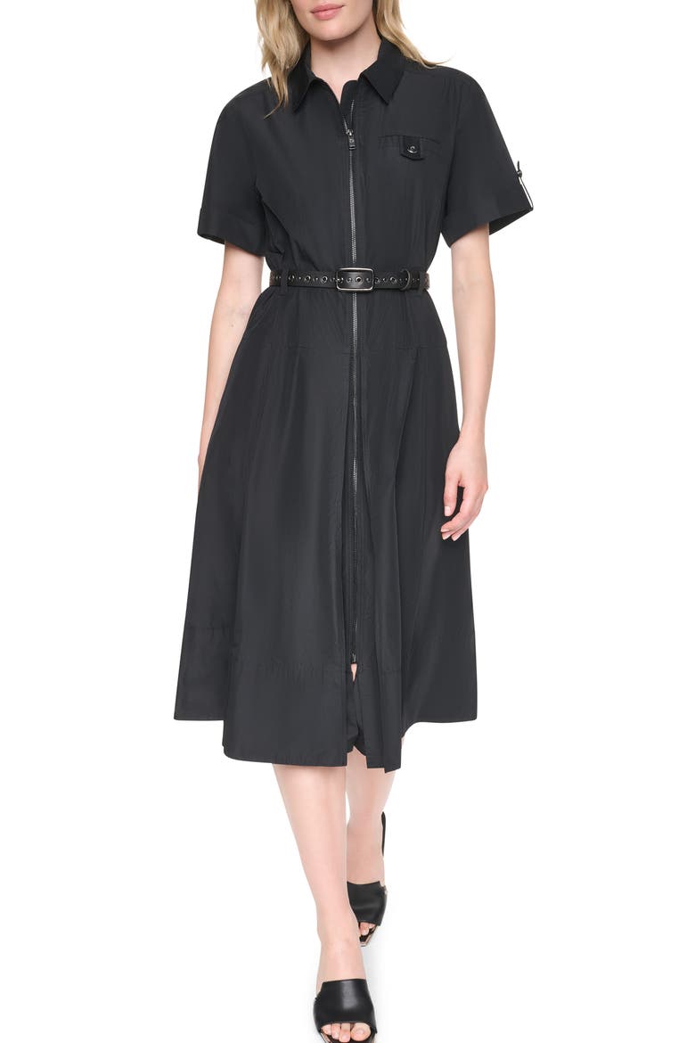 Zip Front Taffeta Shirtdress, Main, color, BLACK