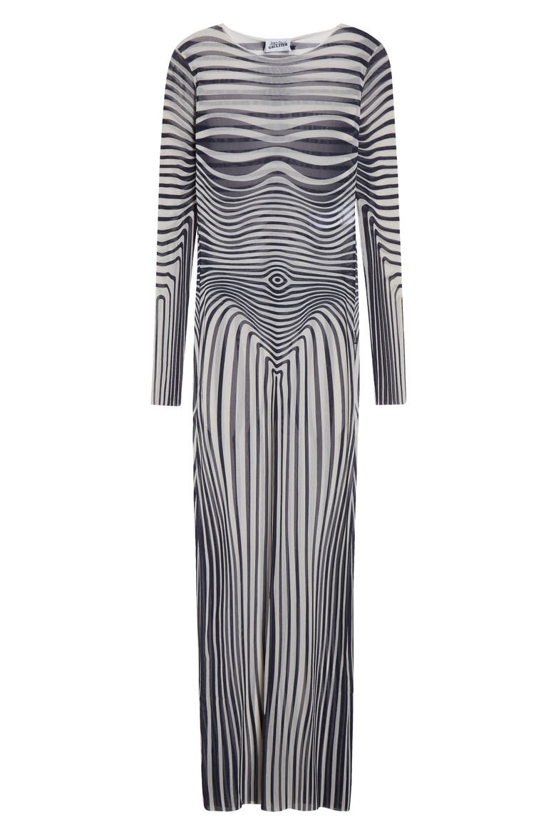Re-Edition Body Morphing Trompe l'Oeil Long Sleeve Mesh Dress, Alternate, color, ECRU/ NAVY