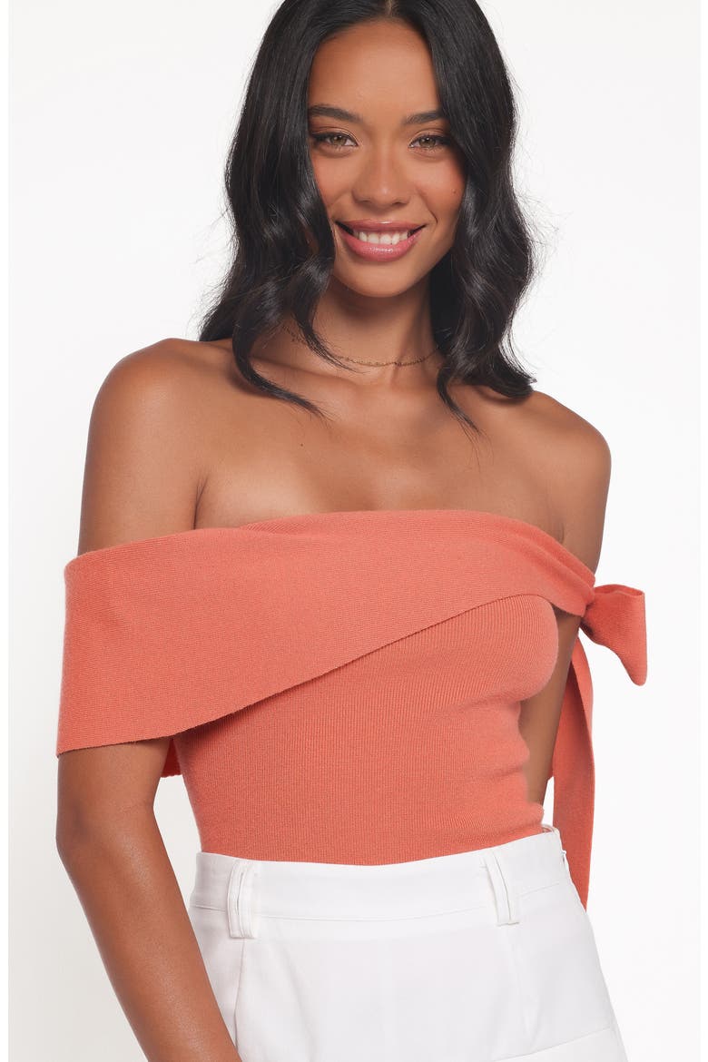 Charama Bow Detail Off the Shoulder Knit Top, Alternate, color, PEACH